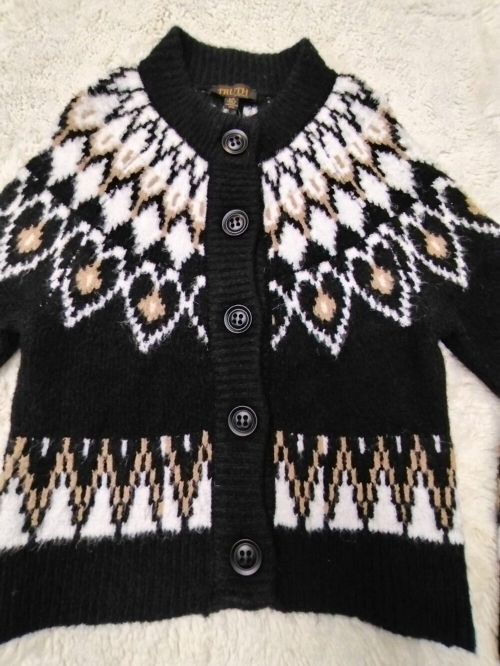 🆕 NWT TRUTH by Republic Black Nordic Fair Isle Chunky Cardigan S - Picture 7 of 10